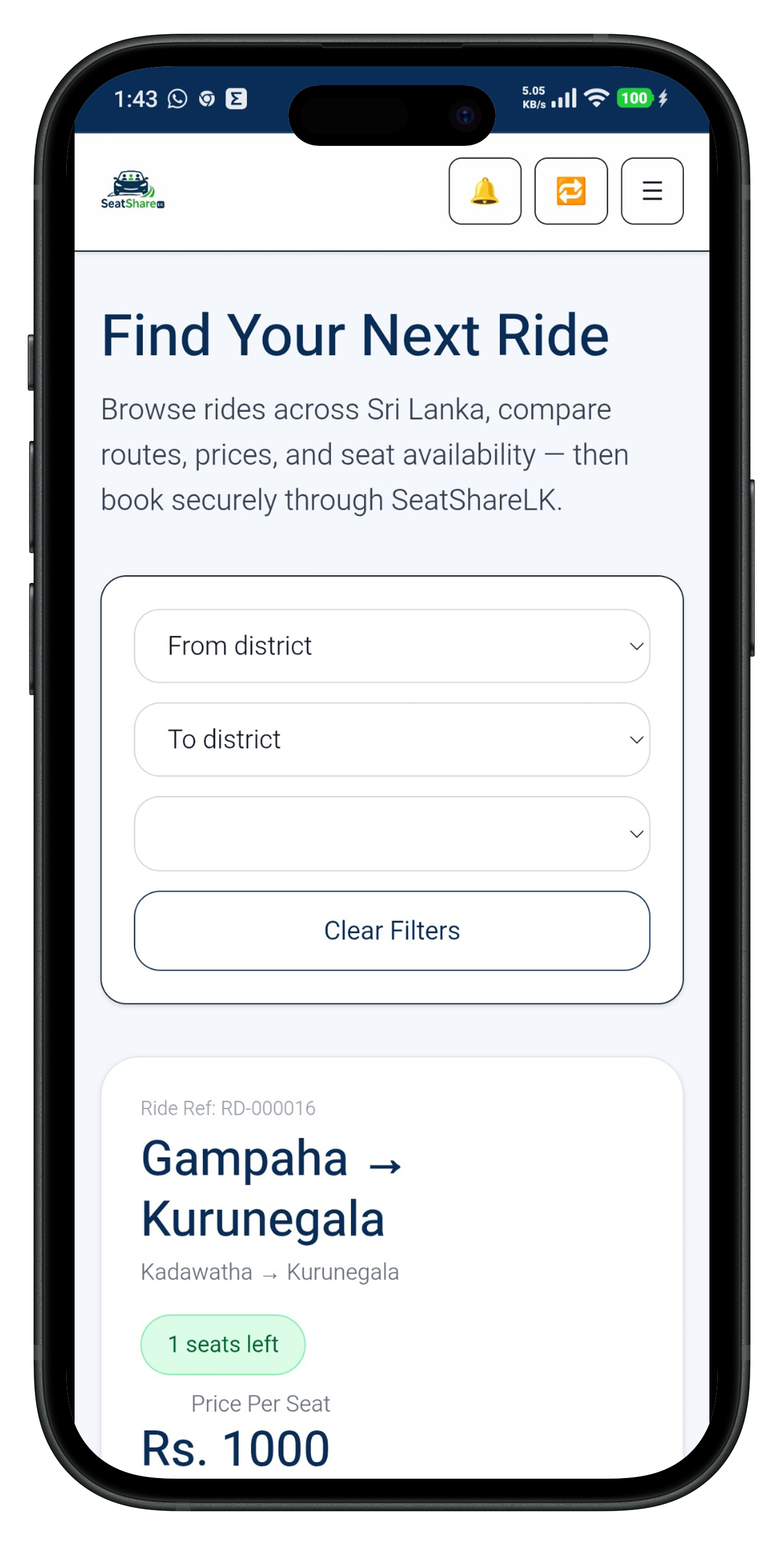 Find available rides on SeatShareLK