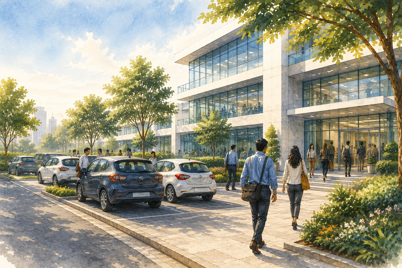 People arriving at a workplace and sharing transport
